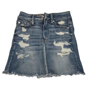 American Eagle Outfitters Denim Mini Skirt Distressed Frayed‎ Hem Stretch SZ 00